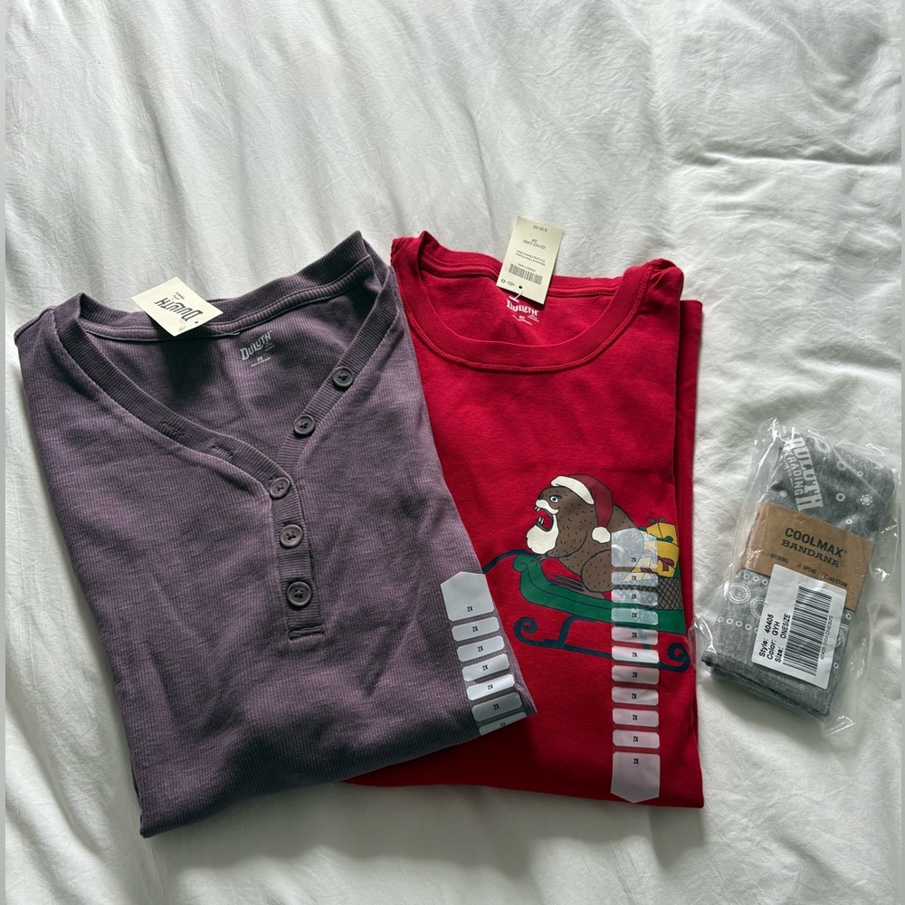 DULUTH TRADING 2XL NWT Bundle: Christmas Shirt, Coolmax Bandana, Slub Tee